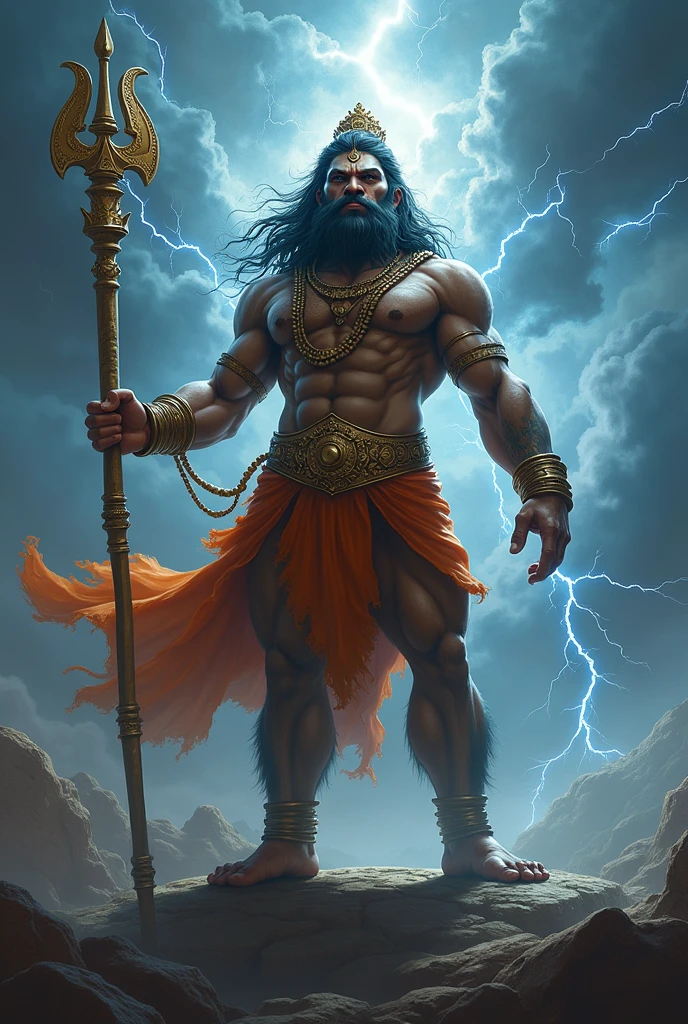 Lord hanuman with his thunder power of God of Hinduism with his weapon and thunder background 