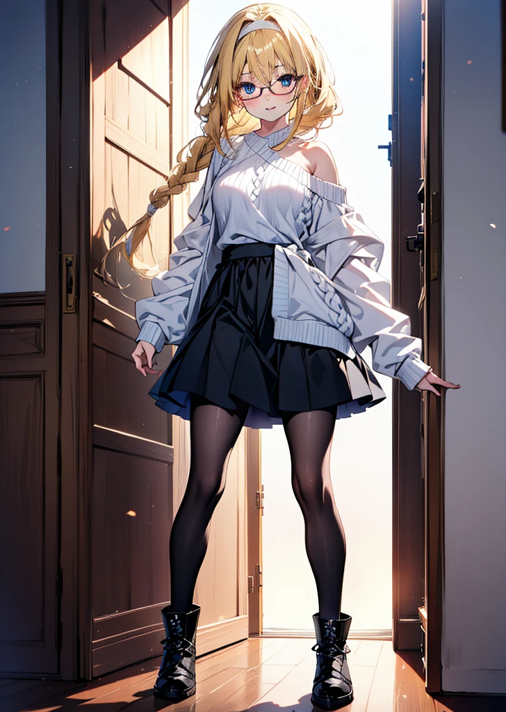 Alicesburg, Alice Zuberg, bangs, blue eyes, Blonde, Hair between the eyes, hair band,smile,blush,Open your mouth, Long braids,Glasses,One-shoulder sweater,Long skirt,Black pantyhose short boots,Walking,Daytime,Clear skies,whole bodyがイラストに入るように,
break outdoors ,Building district,
break looking at viewer, whole body,
break (masterpiece:1.2), Highest quality, High resolution, unity 8k wallpaper, (figure:0.8), (Beautiful attention to detail:1.6), Highly detailed face, Perfect lighting, Highly detailed CG, (Perfect hands, Perfect Anatomy),