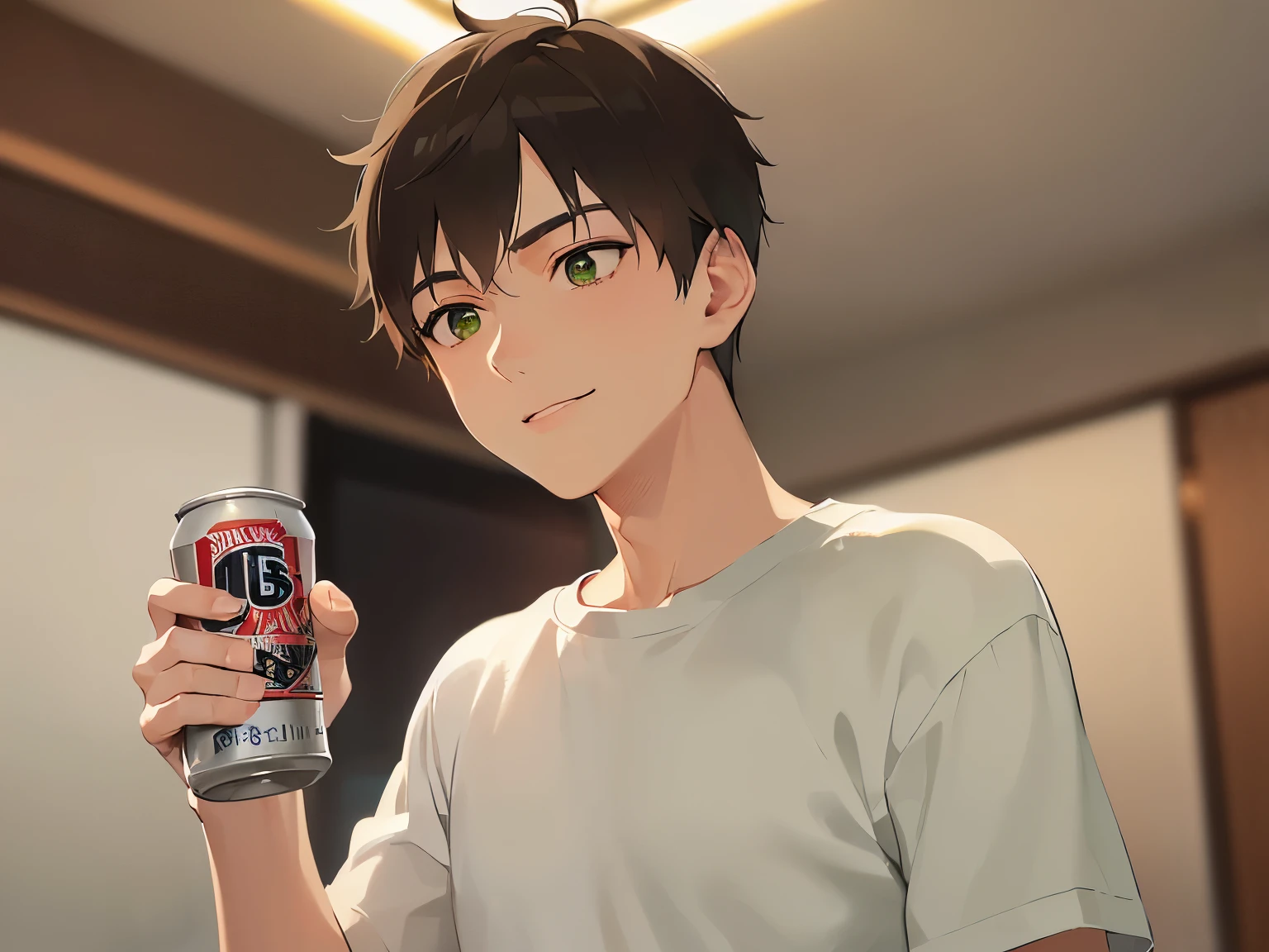 An 18-year-old anime young man with short black hair and a white shirt sits at the dinner table and raises his beer glass, (drunken blush expression 1.5) ((mouth open laugh 1.5) (background is village 1.5) anime style 4 K, anime rendering, anime style. 8k, handsome anime face, handsome costume boy (upper body display 1.5) (handsome boy 1.3) (movie level lighting 1.5)