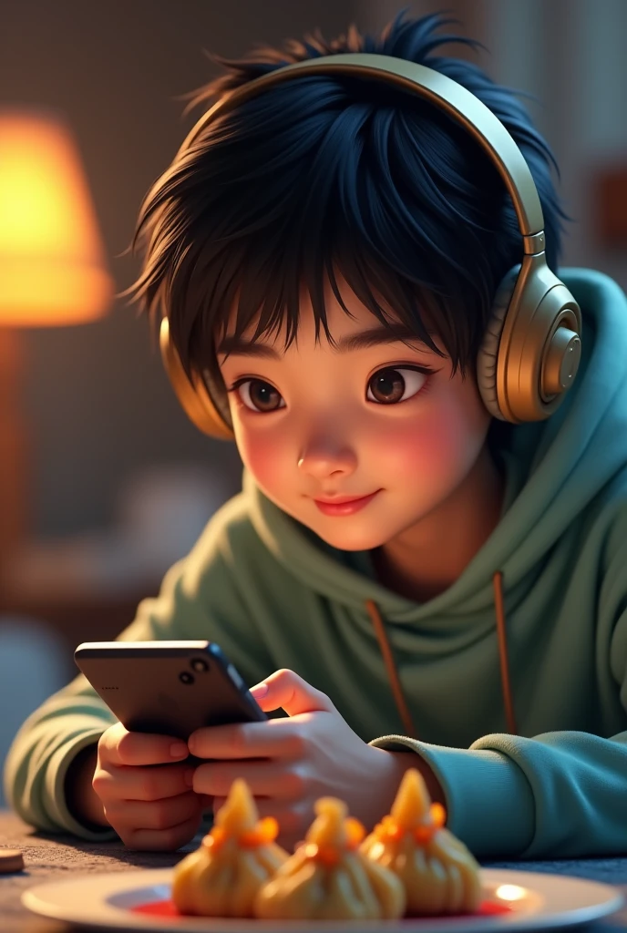 Asian gamer playing mobile game with headphones while eating momos