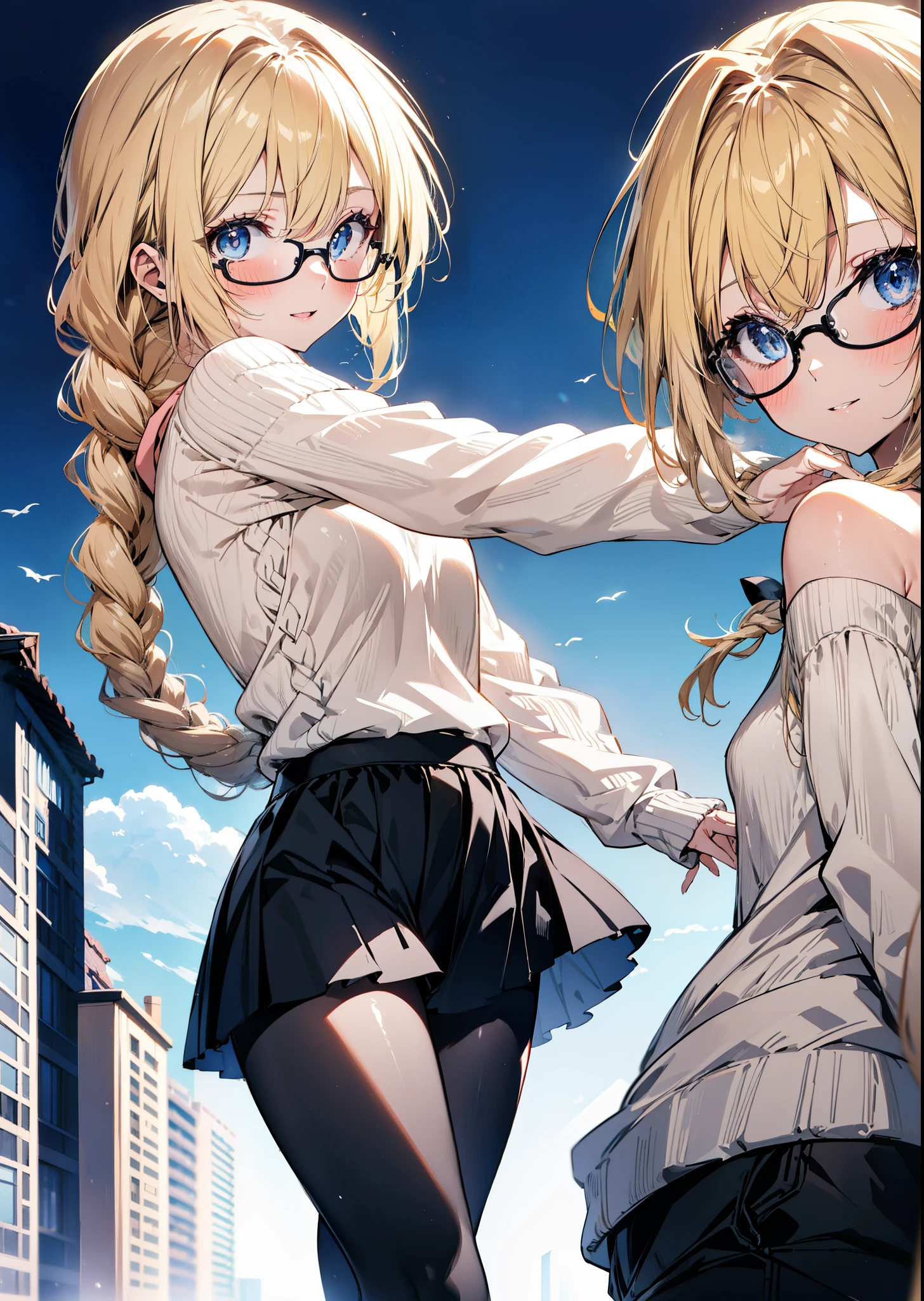 Alicesburg, Alice Zuberg, bangs, blue eyes, Blonde, Hair between the eyes, hair band,smile,blush,Open your mouth, Long braids,Glasses,One-shoulder sweater,Long skirt,Black pantyhose short boots,Walking,Daytime,Clear skies,whole bodyがイラストに入るように,
break outdoors ,Building district,
break looking at viewer, whole body,
break (masterpiece:1.2), Highest quality, High resolution, unity 8k wallpaper, (figure:0.8), (Beautiful attention to detail:1.6), Highly detailed face, Perfect lighting, Highly detailed CG, (Perfect hands, Perfect Anatomy),