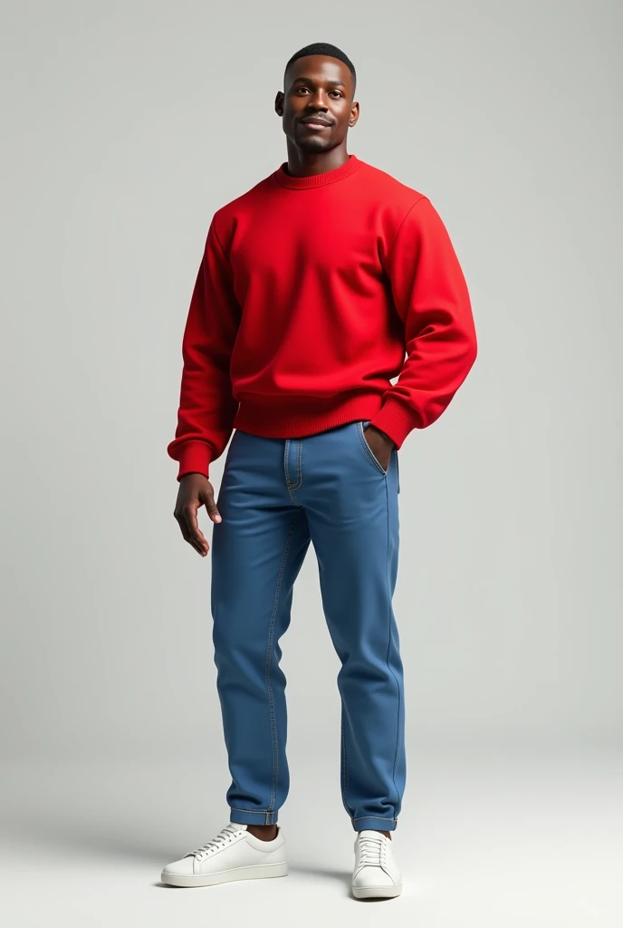 Highly detailed full body 3D image of an African American man wearing a red jumper, blue jeans and white sneakers. Plain background.
