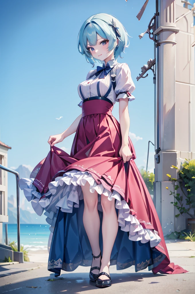 low-angle shot, short hair, smile, look at viewer, long skirt, holding down her skirt as it is being blown by a strong wind, high quality, masterpiece, ultra-fine illustrations, detailed background, realistic lighting, dynamic pose