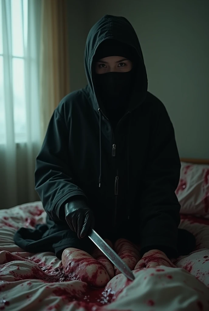 korean girl, (behind multiple corpse, holding knife), balaclava, black gloves, room full of blood, black raincoat, balaclava, holding knife, black gloves, 20 years old girl, behind multiple corpse, blood splatter, on the bed, looking at viewer, mass murderer, killer, blood splatter, dark atmosphere, cinematic lighting, atmospheric realistic, light from the window, close-up,
