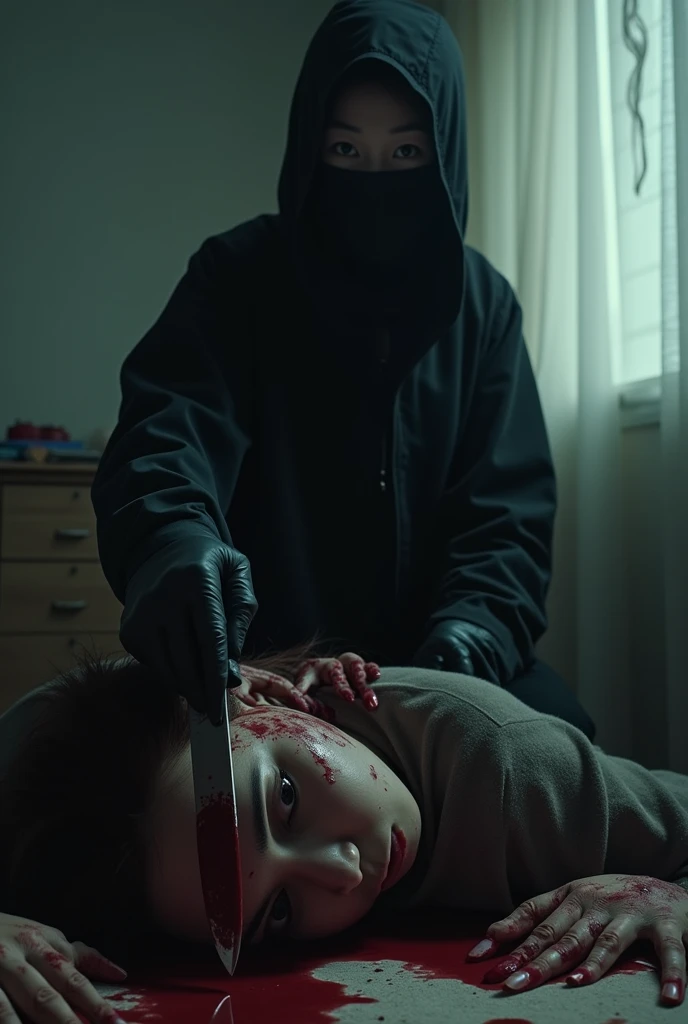korean girl, (behind multiple ??????, holding knife), balaclava, black gloves, room ?????????????, black raincoat, balaclava, holding knife, black gloves, 20 years old girl, behind multiple ??????, blood splatter, on the bed, looking at viewer, mass murderer, killer, blood splatter, dark atmosphere, cinematic lighting, atmospheric realistic, light from the window, close-up,
