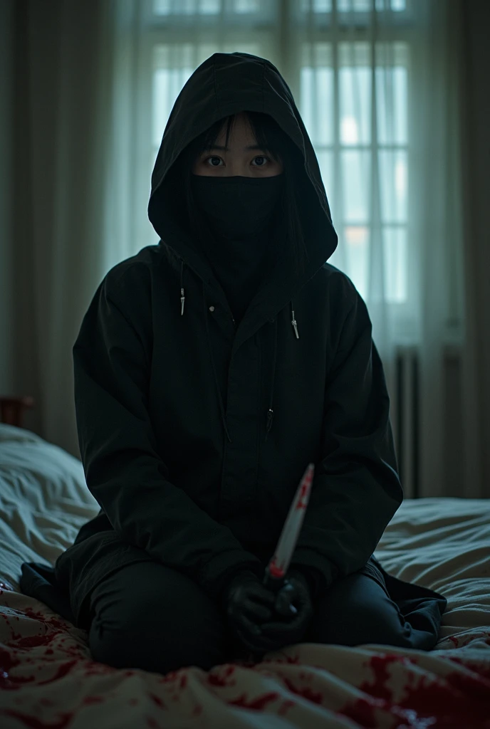 korean girl, (behind multiple corpse, holding knife), balaclava, black gloves, room full of blood, black raincoat, balaclava, holding knife, black gloves, 20 years old girl, behind multiple corpse, blood splatter, on the bed, looking at viewer, mass murderer, killer, blood splatter, dark atmosphere, cinematic lighting, atmospheric realistic, light from the window, close-up,