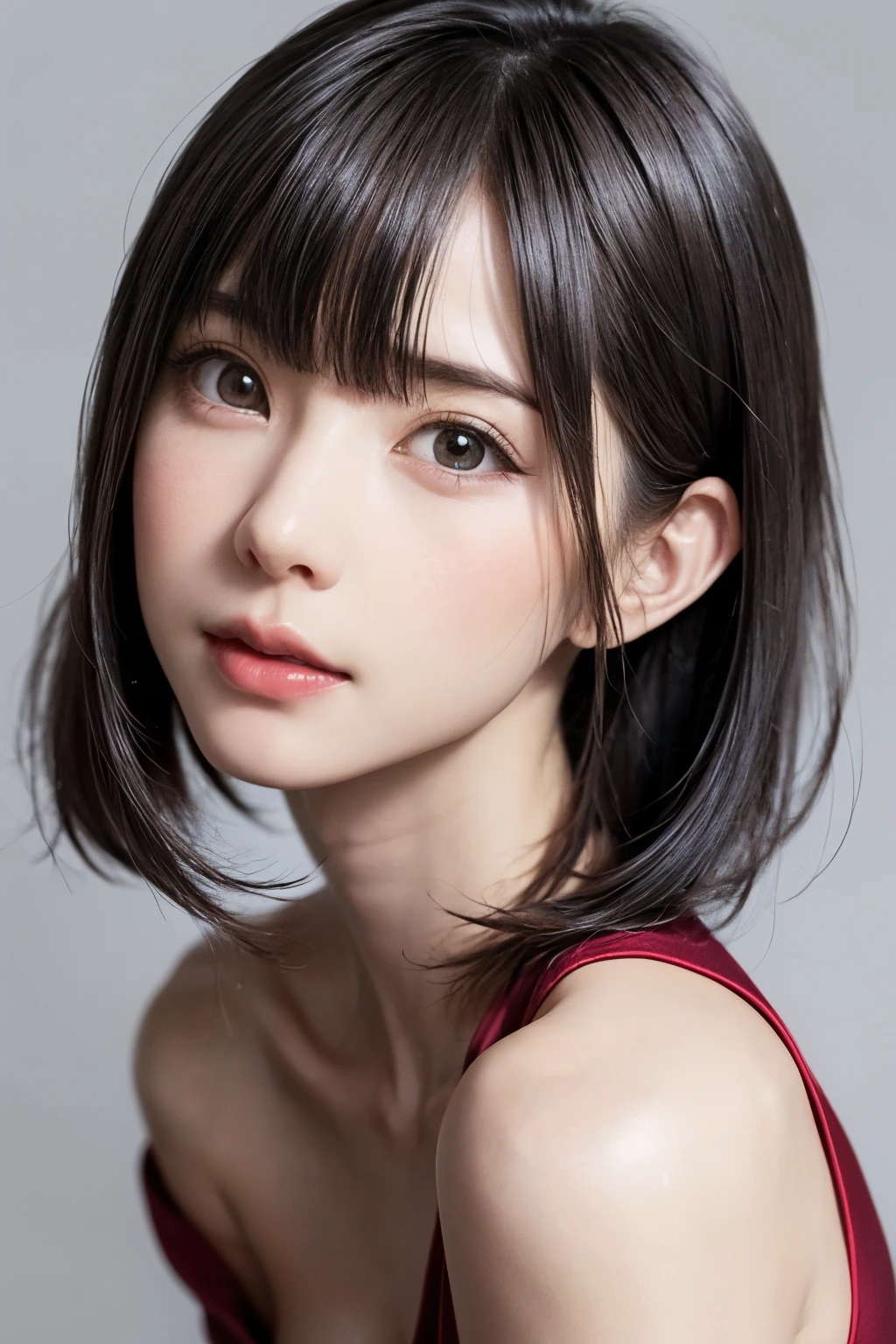 ((masterpiece, Highest quality, High resolution、Realisticですべてが美しく詳細に描かれている)), 1 girl, (Realistic: 1.4), alone, White Background, snow-White Background, Mouth closed, smile, smile, Beautiful black hair, short hair, Big eyes, Transparent double eyelids, eyelash, Listen carefully, Long neck, 美しくLong neck, Absolute area, ((Face close-up)), (Draw the whole head, shoulder), 19 years old, Attractive proportions, Glowing Skin, Beautiful clavicle, Golden ratio face, Perfect Face, Teardrop-shaped mole, chestのほくろ, bangs, clean bangs, beautiful bangs, Lip gloss, Thin lips, Fair skin, naked, Big Breasts, {Huge|big|Hugeな|Mega} chest:2, chestの谷間:2,chestの谷間を見せる、Small face, Small face, All the heads are painted, shoulder all drawn, Point slightly above the camera