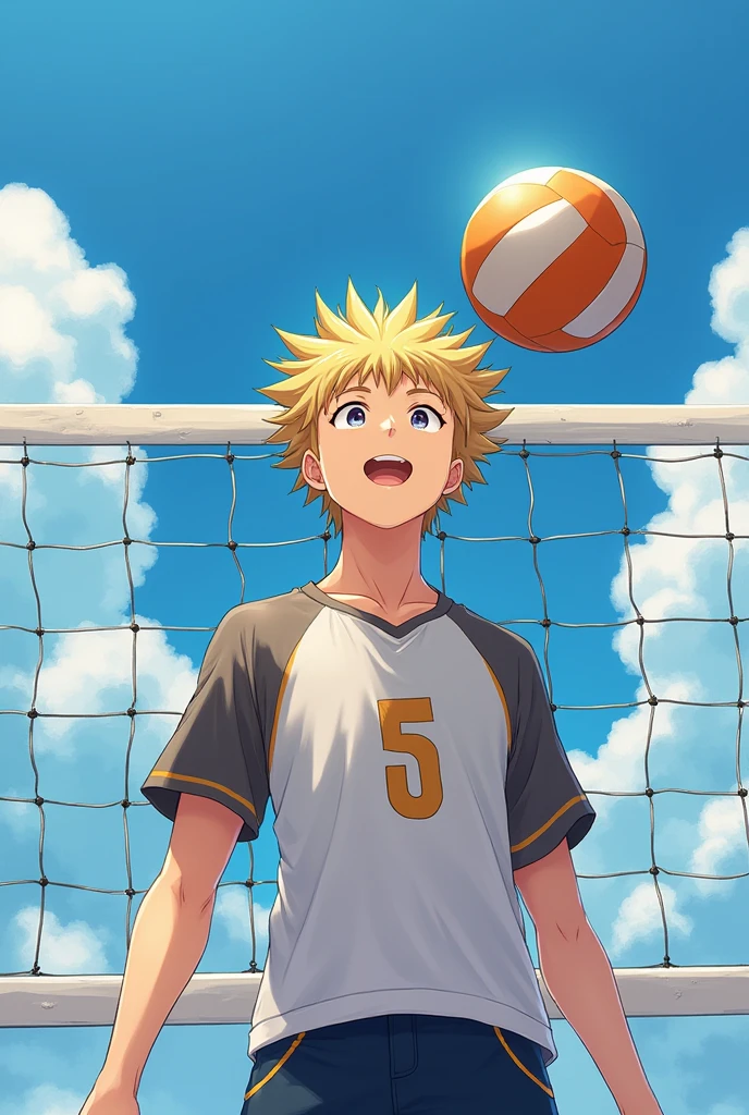 Anime guy playing volleyball his face looks like saitama with killua's hair written on his shirt in the back he scores a goal in the air abdelouahab