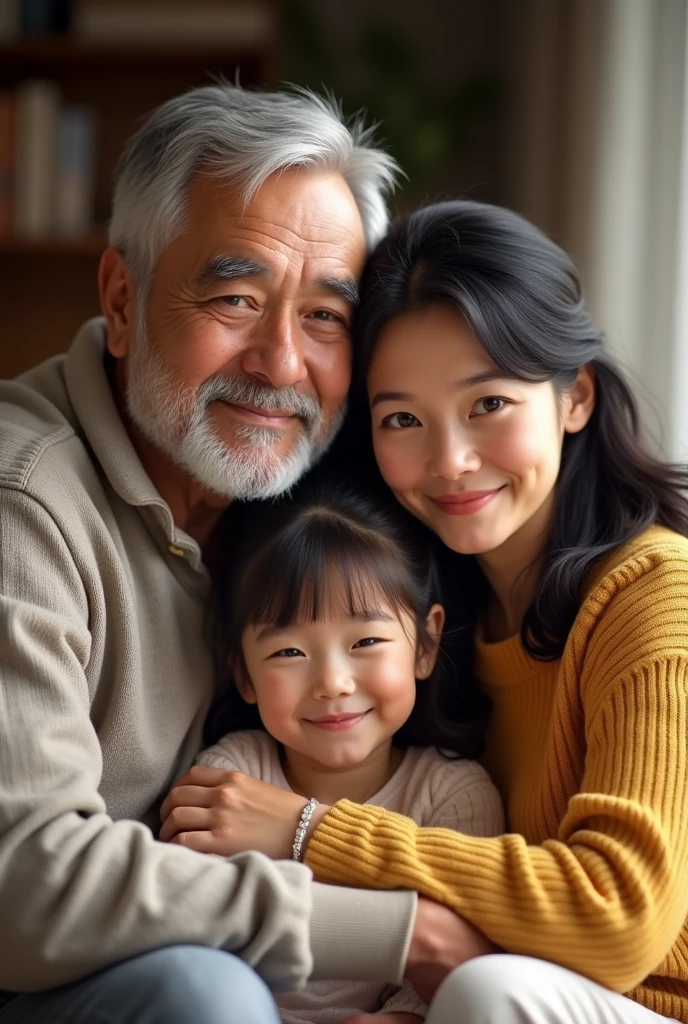 A girl beetwen her grandparents. Grandpa is a 64 yr old man without beard and with grey hair. Grandma is a 63yr old with black hair. Create the man without beard 