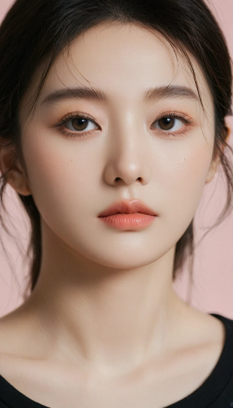 Ultra-wide angle shooting, Front view, Elegant woman, (Photorealistic)、(Intricate details:1.2)、(masterpiece、:1.3)、Beautiful Face, (Highest quality:1.4)、(Ultra-high resolution:1.2)、Ultra-high resolution、(Detailed eyes)、(Detailed faceの特徴), ((Realistic lighting、Highest quality、8k、Natural light, masterpiece:1.3))、Bright photo, Clear focus:1.2、One Girl、Perfect beauty:1.4、Super Fine Face、Big, narrow eyes、double eyelid、Photo Real, Perfect Eyes, Perfect Skin, Detailed skin, Detailed face, The audience watching, Front view, Portraiture, RAW Photos, Simple soft pink background, (intricate Detailed skin textured:1.4) Front view, The audience watching, Clear Face, 1 girl、Polate、明るくてとてもBeautiful Face、beautiful girl, Stunning close-up portrait showcasing the beauty of a Korean model. Soft composition, Natural lighting , Bright Eyes, Impressive cheekbones. Her glossy, Background is simply black background, Wearing a black sweatshirt, Neat hair, Long Hair, Instagram Model, Profile photo, Bright and natural