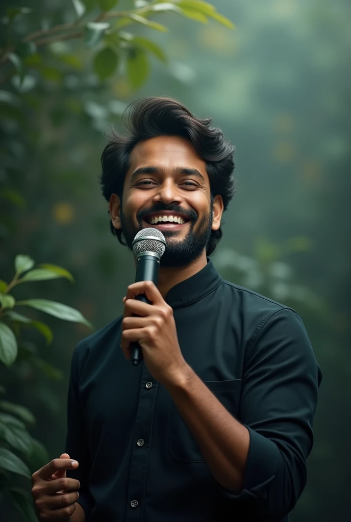 (photorealism:1.2), Arijit Singh img, soft lighting, plants  in bler background, in hand microphon, se is singer.