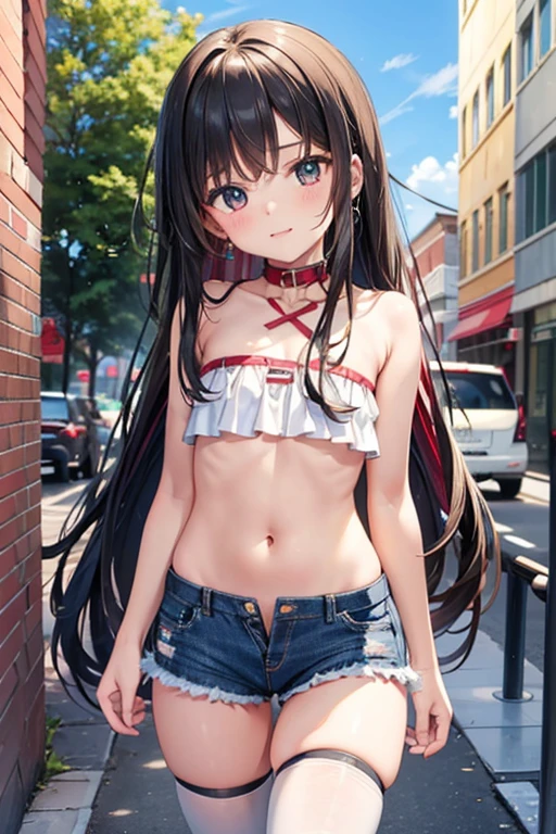 (masterpiece), Highest quality, One girl, , 8-year-old, Cute girl, Flat Chest, Black Hair, Very long hair, View your viewers, She wears a sturdy collar made of bright red leather.,
Strapless clothing, White lace outfit, Expose the clavicle, Not wearing a bra, Nipples protruding from clothing, Nipples covered with lace frills, Her chest is visible from under the frills, Her breasts are sticking out from the frills, Belly button, A bulging belly, Side ribs are also exposed,
Not wearing panties, denim micro mini shorts, Extremely low cut shorts, Extremely low rise shorts, Ultra-short shorts that show off your V-line, Expose your hips, Shorts are unbuttoned, She unzips her shorts, Open the front of your shorts, She pulls down her shorts, She has taken off her shorts so you can see her crotch, I can see the pussy, She purposely shows off her pussy, I can see the crotch lines, she has no pubic hair,
White thigh-high socks, Walking around town, Standing in a crowd,