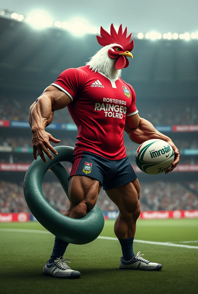 Muscular rooster dressed up in red uniform with South Sydney Roosters written on the uniform killing aquatic eel in the rugby stadium