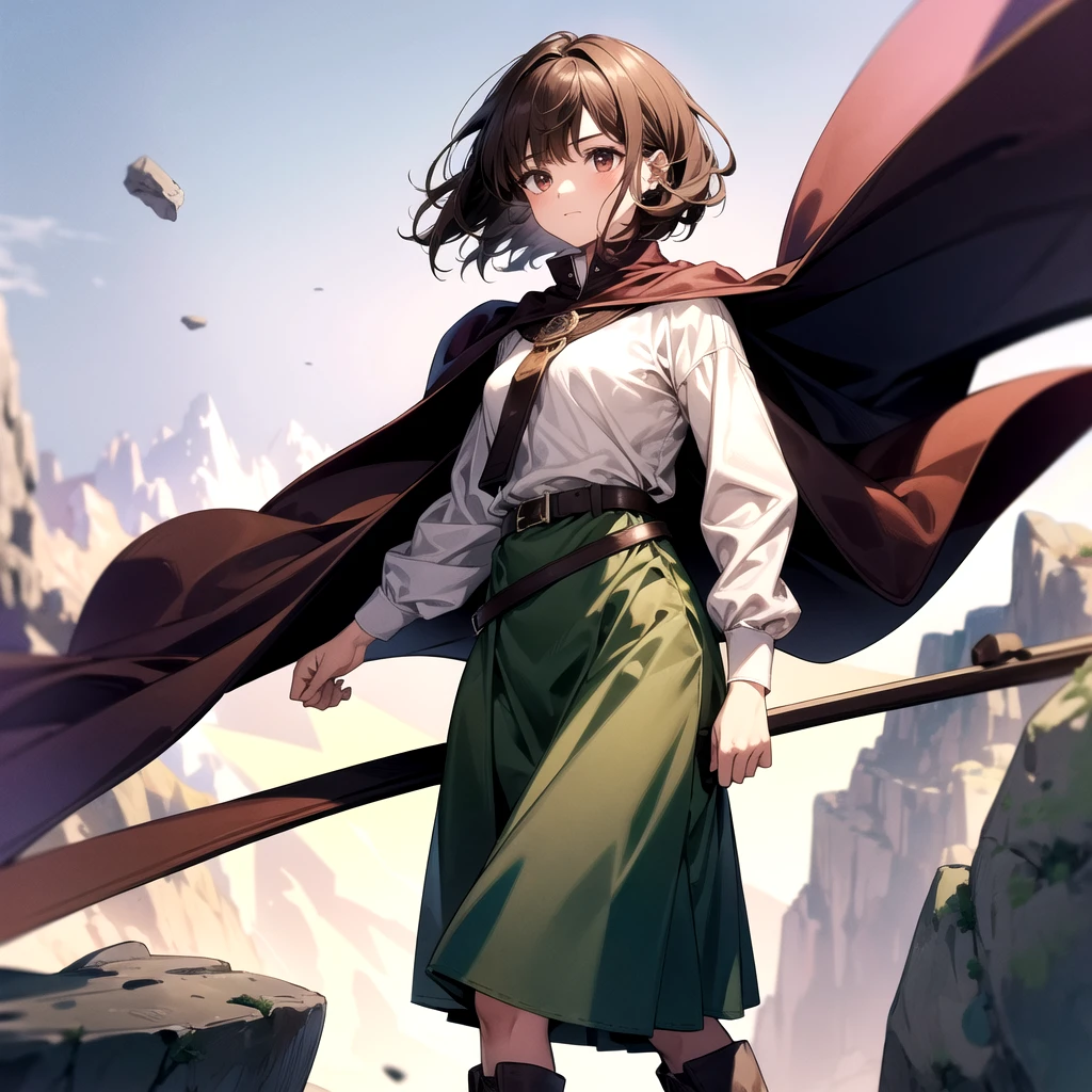 1 girl, short dark brown hair, brown eyes, wearing white long sleeve tops, long green skirt and purple cape, brown belt, black plain boots, sky with falling rocks, high res, ultrasharp, 8k, masterpiece