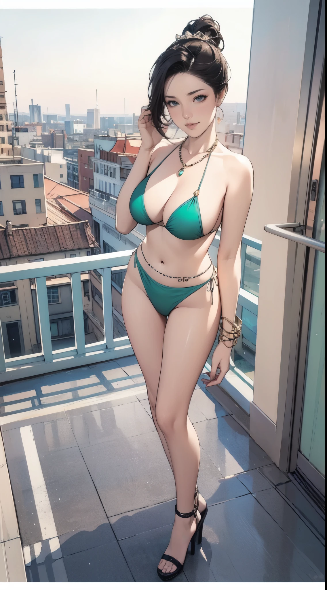 Rough watercolor sketch,Very beautiful eyes, Her eyes are emerald green,Focus on the face line, Dripping watercolor, Ink outline, 32K resolution, Highest quality, Like a doll,Full body portrait,Swimwear,比基尼,Rolled hair,A composition that lets you see the feet,Anatomically correct,Natural and sexy pose,High heels,Very detailed, High detail, High-resolution model, smile,カバー面積が多い比基尼,Earrings,necklace,bracelet,anklet,Earrings,ring,A beautiful Iranian, Ukrainian and Estonian quarter beauty,Rooftop,You can see the city buildings in the background,European-style cityscape,The background is blurred