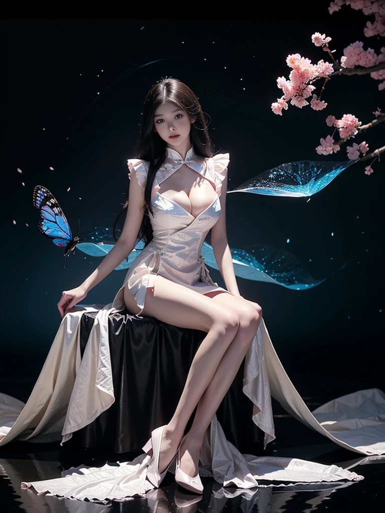 cleavage,apron,clothing cutout,chinese dress, Beautiful dance dynamics, Sitting,Long legs , ((Flowing long hair))Official Art , Unity8k Wallpaper , Extremely detailed , Visible cleavage, Pretty and beautiful , Sexy long legs, masterpiece , best quality ,Practical, Very detailed illustrations ,Extremely detailed , Intricate details , Extremely complex and detailed , Very detailed 8KCG wallpaper , Caustics .reflection , Ray Tracing , Devil Theme ,nebula ,Dark aura, Network Effects , (1 Girl)Solitary , 小蓝Butterfly , Dozens of monarch butterflies around , (Blue plasma flame , (insect , Butterfly)) 圣光Butterfly天使 , Butterfly翅膀 , Pastel tones in Rococo style ,Light white and light dark red , Incredibly beautiful , Cherry blossoms , Surrealism ,painting , Ethereal , Mixing reality and fantasy elements ,Ray Tracing , Complex patterns , Delicate lines , Perfect your hands, Starry Sky , rich and colorful , Star