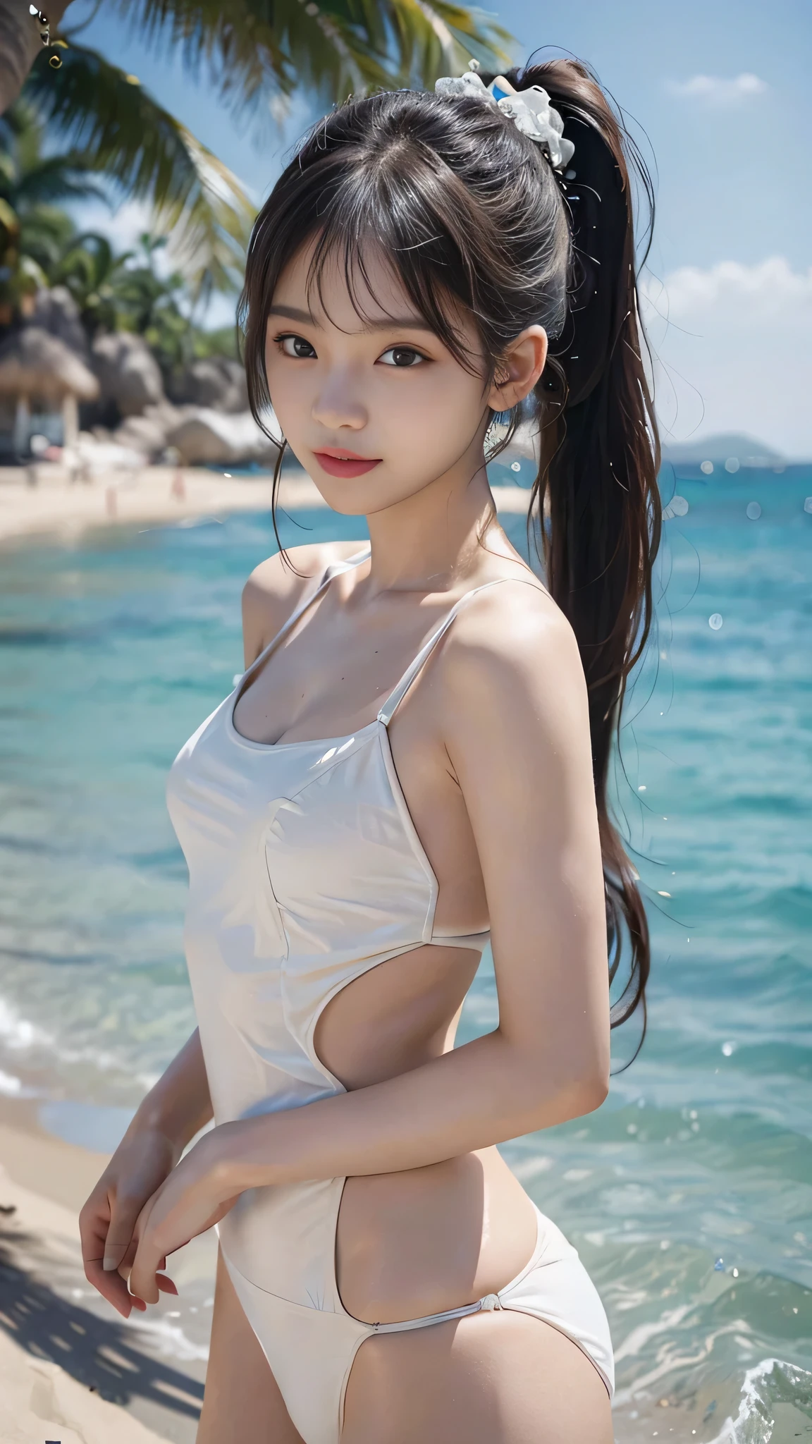 body shot,Outdoor,micro bikini,resort Beach,The highest image quality, High quality, the background is clear,Beautiful woman, Japanese,Ultra-detailed, finely detail, hight resolution, 8k Wallpaper, Perfect dynamic composition, Beautiful detailed eyes , Detailed, Detailed eyes, Detailed skin, Beautiful skin, 超hight resolution, (reality: 1.4),Very beautiful woman, Slightly younger face, Beautiful skin, Slender, (Ultra photo realsisim), (hight resolution), (8k), (Very detailed) (beautifully detailed eyes), (super detailed), (Detailed face), view the viewer, Fine details, Detailed face, Staring straight ahead, Staring straight ahead, photos realistic, Bright lighting, Professional Lighting, Black hair,poneyTail,a baby face,sixteen years old,Hairstyle: ponytail,Long ponytail hairstyle,slight smile,Beautiful Japanese KPOP idol photo, hair style is ponytail, my eyes are double and wide, baby face, smile and look straight ahead, Slender, small breasts,