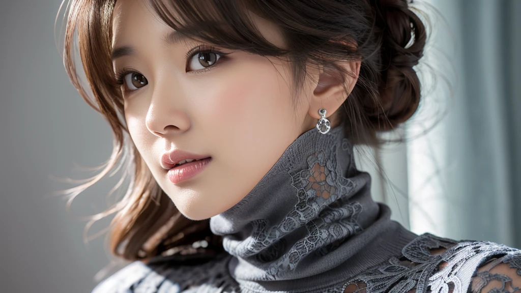 (Detailed face),vivid,Grey(Lace fabric)turtleneck,4K,Ultra-high resolution,(Photorealistic:1.7),Gray background,Black long hair,