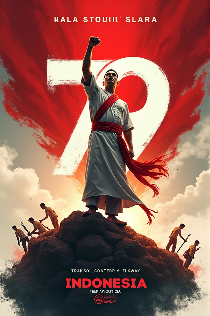 "A powerful and inspiring poster celebrating the 79th Independence Day of Indonesia. The poster features a strong and determined Indonesian man in traditional attire, standing tall against a backdrop of the Indonesian flag fluttering in the wind. The background is vibrant, with a mix of red and white colors representing the national flag. The man holds a raised fist, symbolizing the spirit of independence and freedom. In the foreground, there's a bold number '79' with the Garuda Pancasila symbol integrated into the design. The poster includes the text 'Dirgahayu Republik Indonesia' in a dynamic font, placed prominently at the top, with the date '17 Agustus' below it."