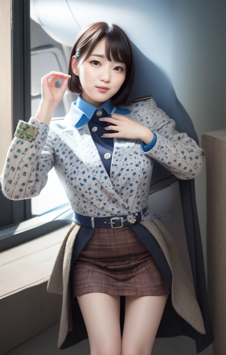 A scarf with an emerald green ornamental knot tied next to the neck)5, (natural and clean fingers)5,(knee length tight skirt)5,(Oshima Tsumugi jacket with a checkered pattern)5,(Long brown skirt with a slit)5,(dark floral shirt)5,