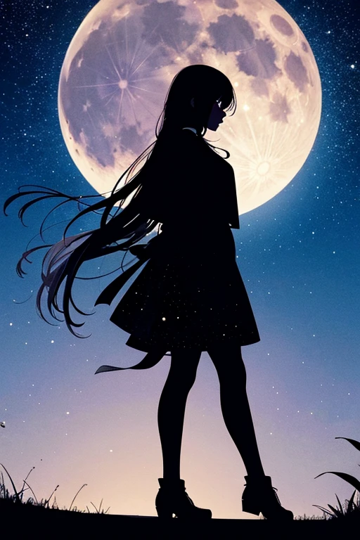 Highest quality,Big moon and shadow,A silhouette of a person can be seen against the backdrop of a large moon.,There is one full moon,There is a mood,Beautiful scenery,Starry Sky