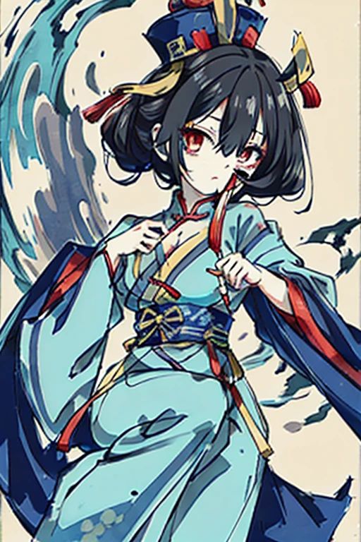 jiangshi zombie,a paper talisman covering her face,chibi anime character,Posing、Highest quality、masterpiece、To maintain the shape of the eyes、Keep your fingers in shape、Chinese karate uniform、Random hairstyle、Random hair color