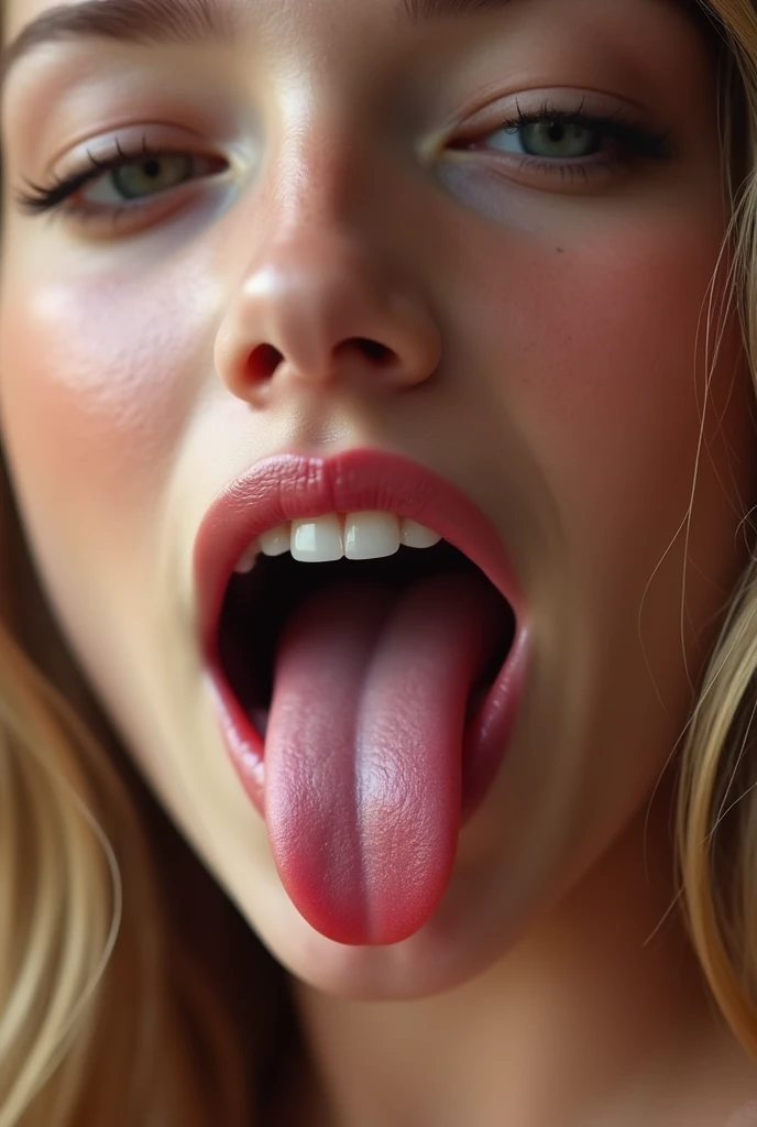 (a closeup:1.4)、(RAW shooting:1.2)、(Photorealsitic:1.4)、(masterpiece:1.3)、(top-quality:1.4), face of 16 year old model Victoria's secret with mouth wide open, long tongue, barbie