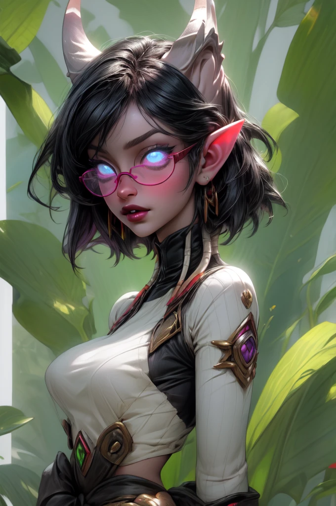 masterpiece, best quality, 1girl, solo, draenei, glowing eyes, colored sclera, tail ornament, hooves, white skin, blue eyes, black hair, shiny silver pouty lips, (tentacle hair:0.8), close-up, upper body, hair ornament, plump and large breasts, shiny skin, shiny silver lipstick, glasses, bob hair cut, fantasy, magic, psy powers