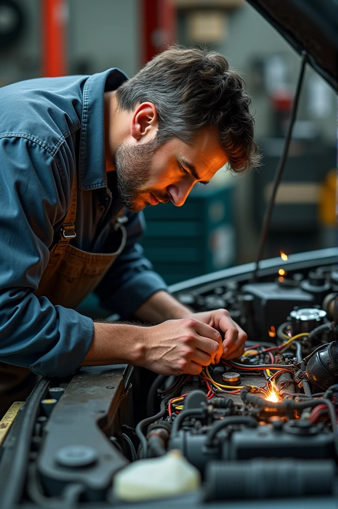 A mechanic tinkers with the wiring in a car