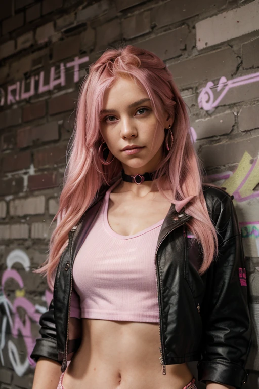 (masterpiece, best quality, 1girl, solo, intricate details, chromatic aberration), realistic, ((medium breath)),long hair, pink hair, red head ornament, pink highlights, hair over one eye,purple eyes, earrings, sharp eyes, choker, neon shirt, open jacket, crop top, (symmetry eyes),(perfect symmetrical body),against wall, brick wall, graffiti, dim lighting, alley ,look at viewer
