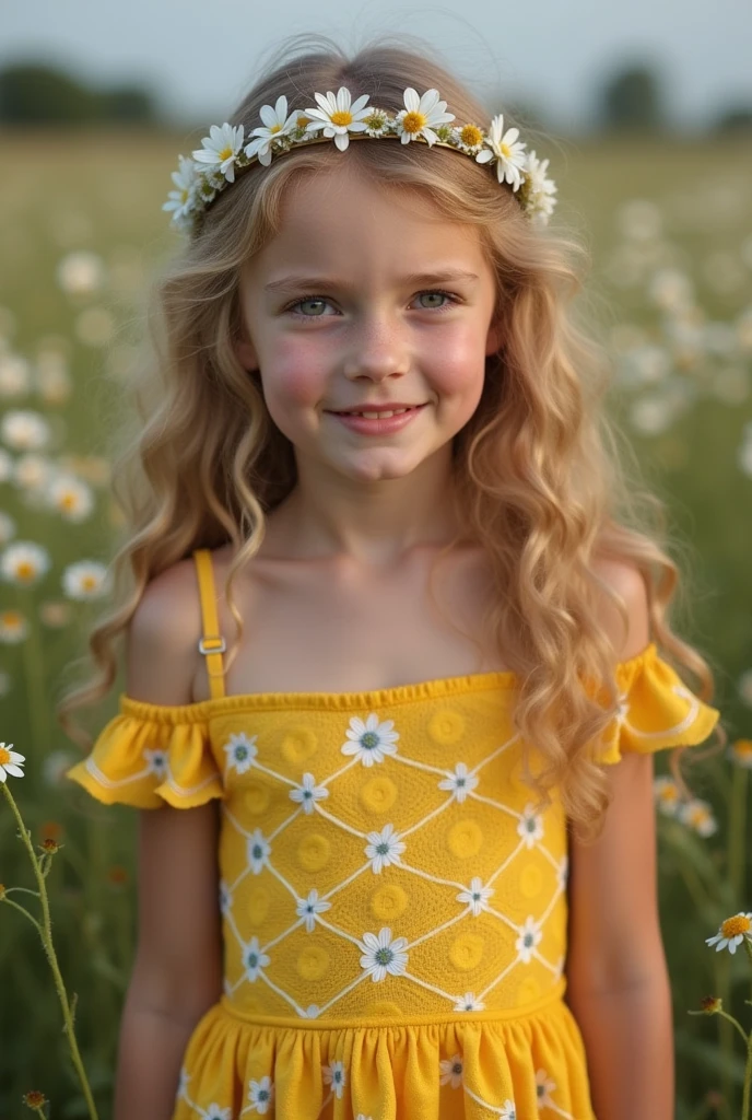 1 girl 8 , only, Longhaired, пухлые lips, lace yellow dress with daisies,наивnoseть,smile Look at the viewer, blond curly hair, bare shoulders, blue eyes, драгоценnoseти, The whole body, NECKLACE, from the shoulder, Pull, lips, realistic, nose, Flirting with a naked camera,  8 K (masterpiece), ((top quality)), (super detailed)

 girl 4 years oldonghaired, пухлые lips, lace yellow daisy dress,наивnoseть,smile Look at the viewer, blonde curly hair, bare shoulders, blue eyes, драгоценnoseти, The whole body, NECKLACE, from the shoulder, Pull, lips, realistic, nose, Flirting with a naked camera, 8 K (masterpiece), ((top quality)), (super detailed)