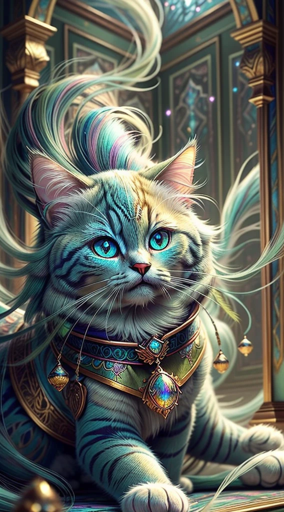 ((ultra-detailed)), (highly detailed CG illustration), ((an extremely delicate and beautiful ragdoll cat)), cinematic light, Create a stunning fantasy artwork that mimics the style of currently trending masters of the genre. The art piece should contain elements of both mythic fantasy with colorful accents. ((Utilize various shades of olive green and watercolor pastels as the main color scheme.)) The ragdoll cat in the artwork is a fluffy with an aura of mystery and magic, mesmerizing eyes with vibrant colors and bold shading. The fur of ragdoll cat should be designed with gossamer feathers, silk, stunning embroidery, and subtle iridescent details. Incorporate dreamy colors, dynamic lighting, and detailed background elements to create a sense of awe and immersion. Include magical aura. Consider, (((masterpiece))), (((best quality)))