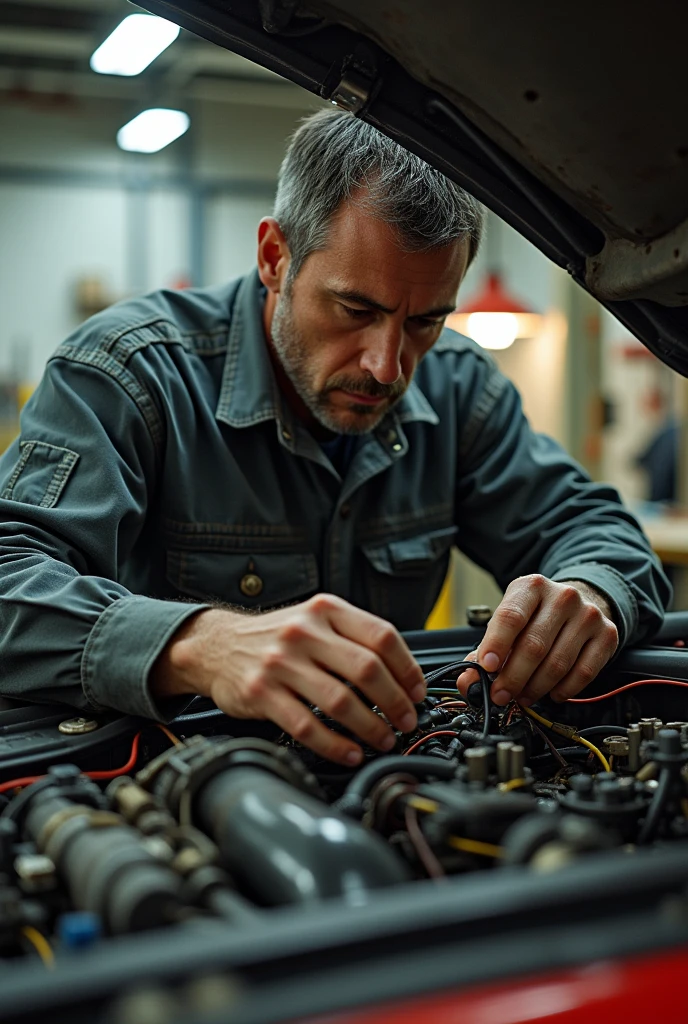 A mechanic tinkers with the wiring in a car
