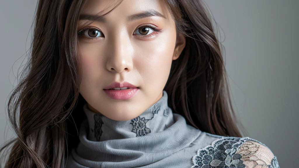 (Detailed face),vivid,Grey(Lace fabric)turtleneck,4K,Ultra-high resolution,(Photorealistic:1.7),Gray background,Black long hair,