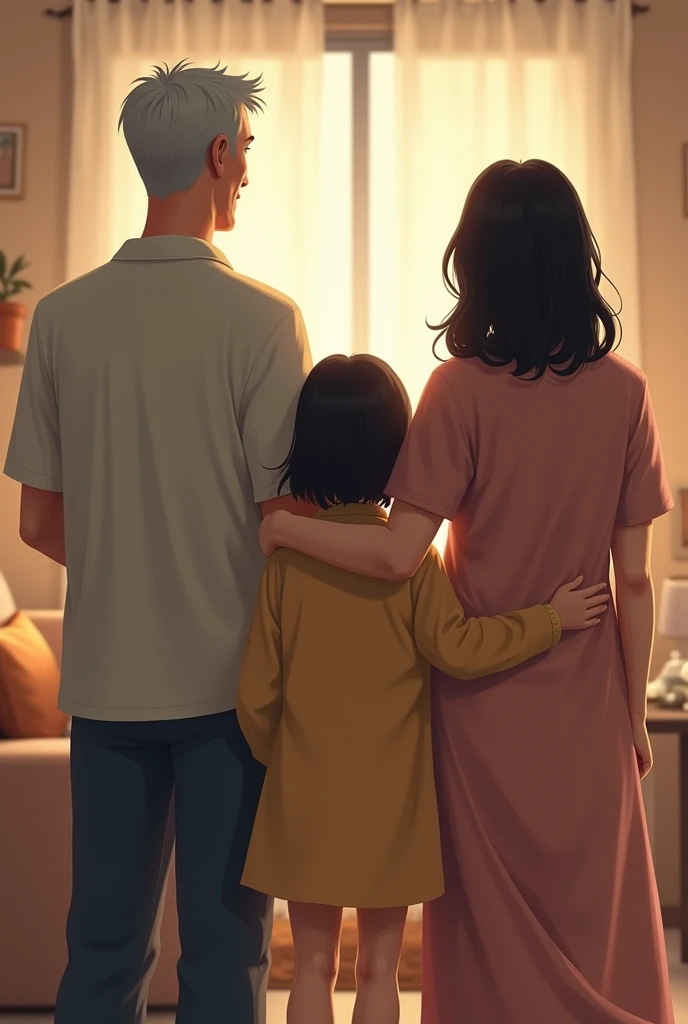 A girl beetwen her grandparents not from the front, a picture of them turned in the back. Grandpa is a 64 yr old man without beard and with grey hair. Grandma is a 63yr old with black hair, middle sized a lil bit chubby and not that tall.