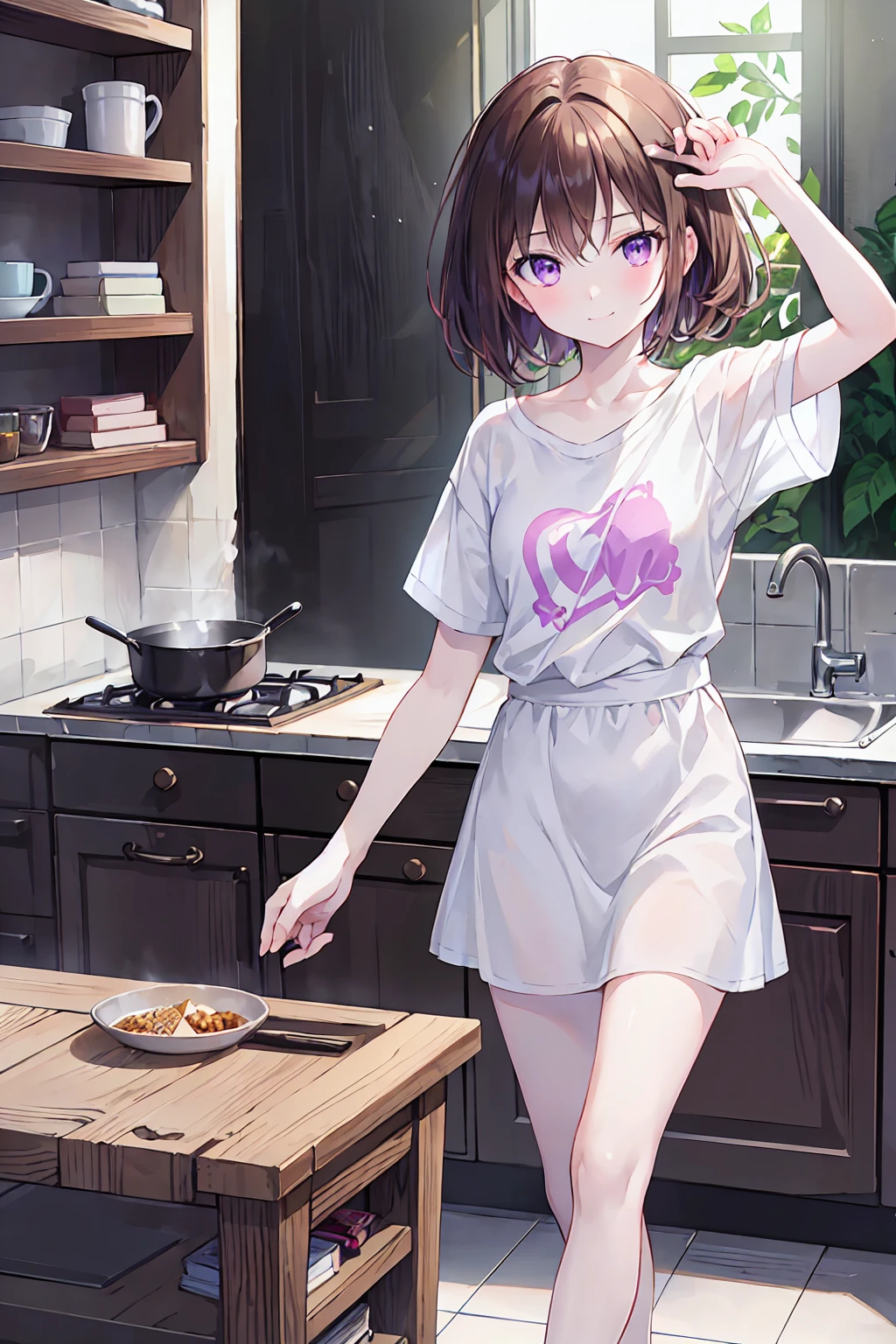 look back、Realistic, Real person, (Pale skin: 1.2), RAW Photos, Realistic, Portrait Photography, Glowing Skin, 日Bookのアイドル、Shiny Hair、(bangs,straight,Shortcuts,17Old woman) and (Brown Hair) and (Purple eyes) , Wearing a white T-shirt、 smile, The background is the kitchen、alone、cooking,Small breasts,Flat chest,Depth of written boundary, Delicate eyes, Complete Hand, 余分な手feetなし,refer to5Book,feet2Book,arm2Book,Clear nose bridge,Natural posture