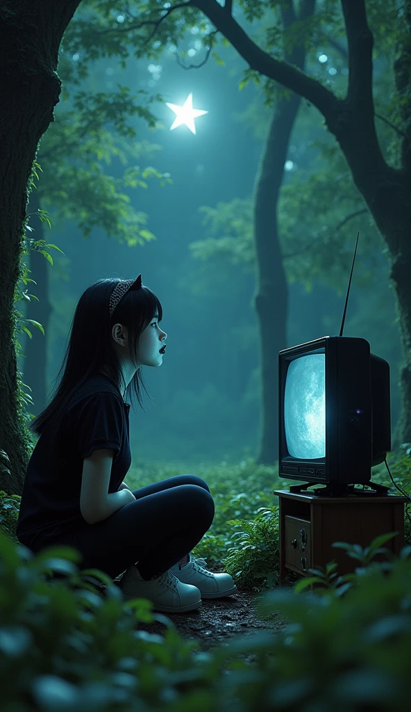 ((best quality)), ((masterpiece)), (detailed), 1girl, Black shirt, leggings, masterpiece, watching TV, ultra detail, black hair, cute, baby face, Gothic, neck headband, black lipstick, forest, plump, flying, white shoes, shining star