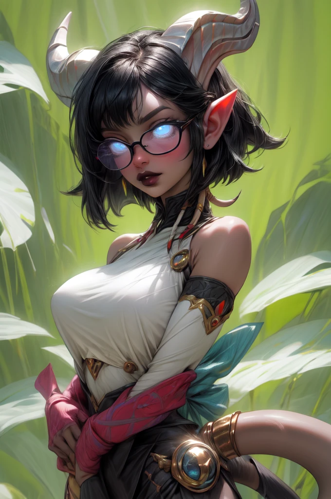 masterpiece, best quality, 1girl, solo, draenei, glowing eyes, colored sclera, tail ornament, hooves, white skin, blue eyes, black hair, shiny silver pouty lips, (tentacle hair:0.8), close-up, upper body, hair ornament, plump and large breasts, shiny skin, shiny silver lipstick, glasses, bob hair cut, fantasy, magic, psy powers