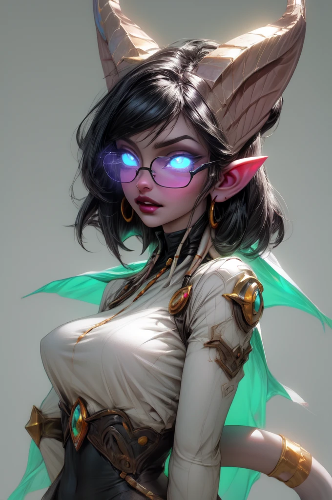 masterpiece, best quality, 1girl, solo, draenei, glowing eyes, colored sclera, tail ornament, hooves, white skin, blue eyes, black hair, shiny silver pouty lips, (tentacle hair:0.8), close-up, upper body, hair ornament, plump and large breasts, shiny skin, shiny silver lipstick, glasses, bob hair cut, fantasy, magic, psy powers