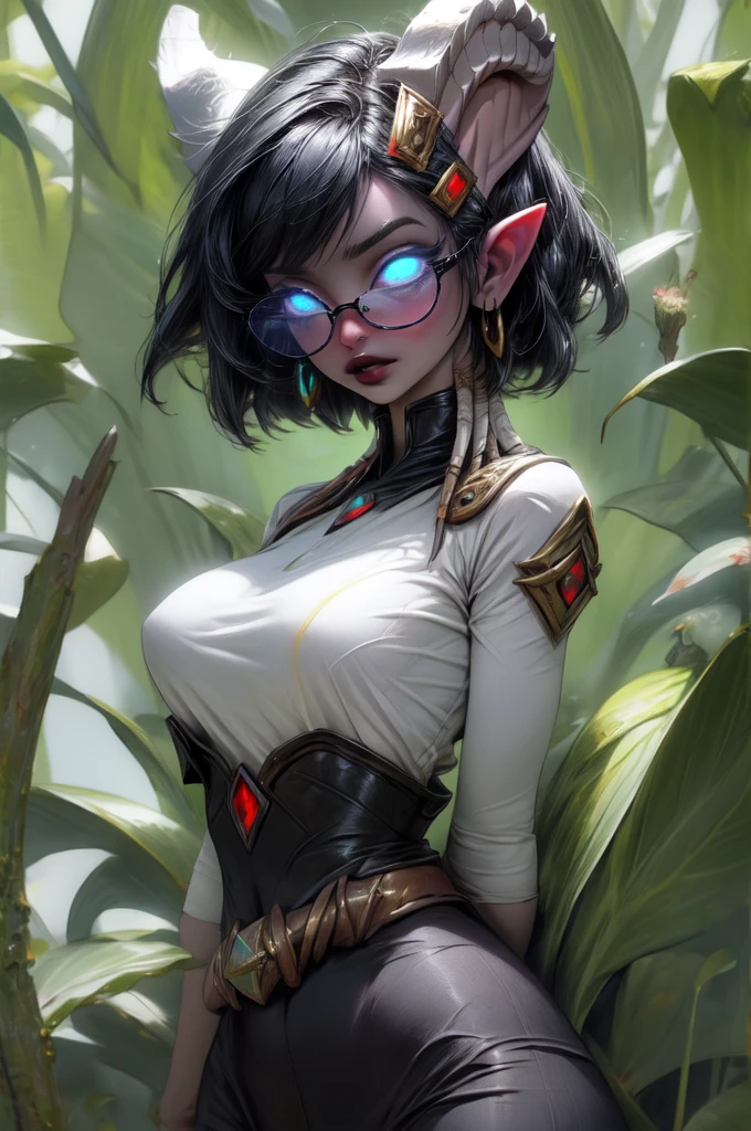 masterpiece, best quality, 1girl, solo, draenei, glowing eyes, colored sclera, tail ornament, hooves, white skin, blue eyes, black hair, shiny silver pouty lips, (tentacle hair:0.8), close-up, upper body, hair ornament, plump and large breasts, shiny skin, shiny silver lipstick, glasses, bob hair cut, fantasy, magic, psy powers