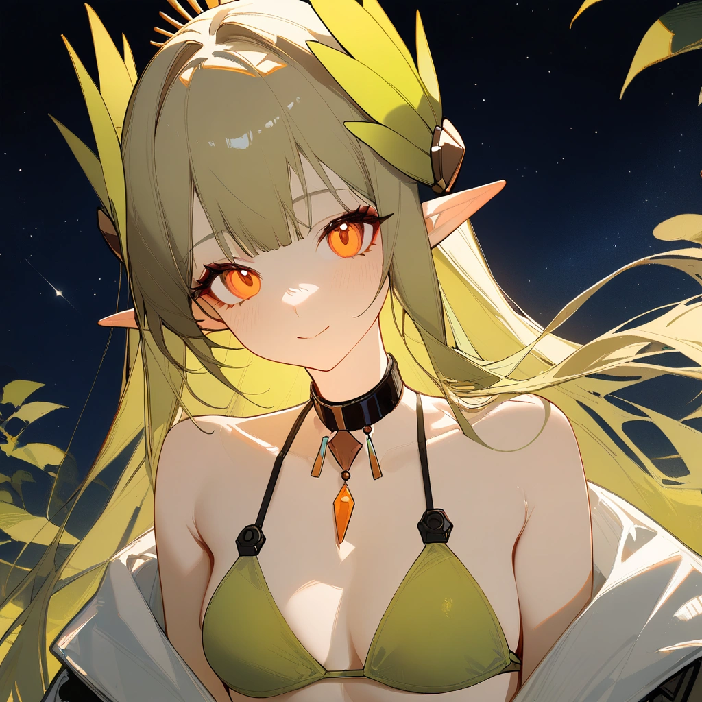 1girl, muelsyse \(arknights\), arknights \\\\\ masterpiece, best quality, very aesthetic, absurdres, newest ///// ////// orange eyes, elf ears ///// simple background, space background, lime bikini, greenery, 18 years old girl, thin waist,solo, stars, ^_^, portrait, detailed face, bare neck.