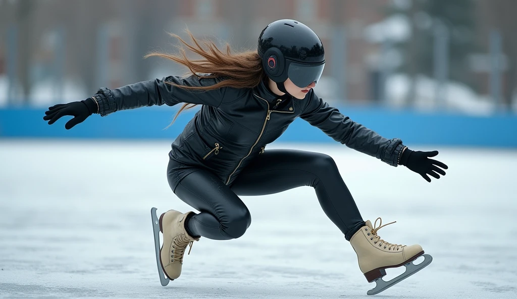 Female ice skater,Wearing a black leather jacket,A futuristic helmet,Slide sideways on one knee,individual,Hyperrealism,Wallpaper quality,Photography style,Shoot the side