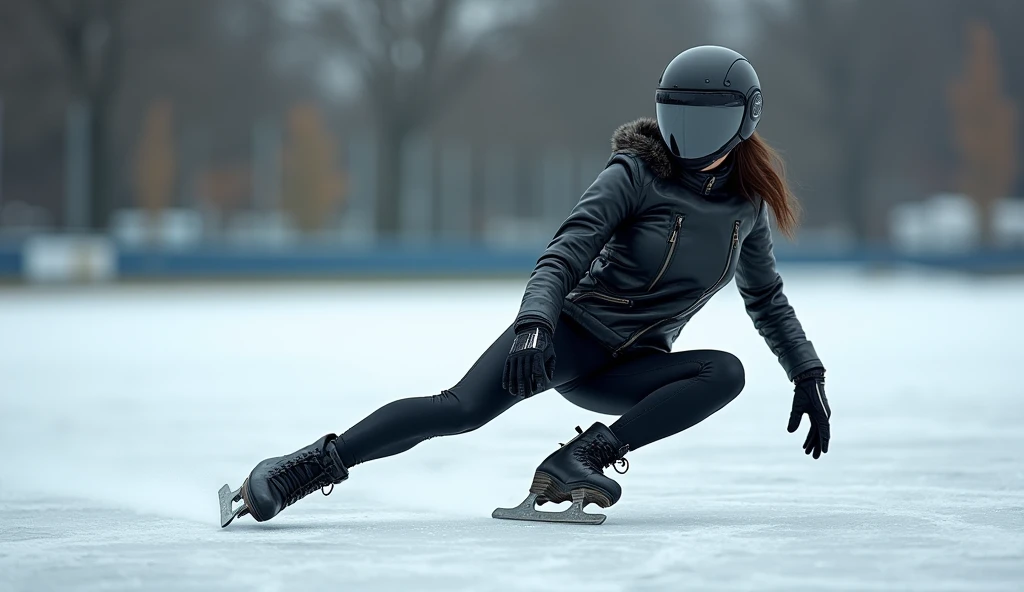 Female ice skater，Wearing a black leather jacket，A futuristic helmet，Slide sideways on one knee，individual，Hyperrealism，Wallpaper quality，Photography style，Shoot the side