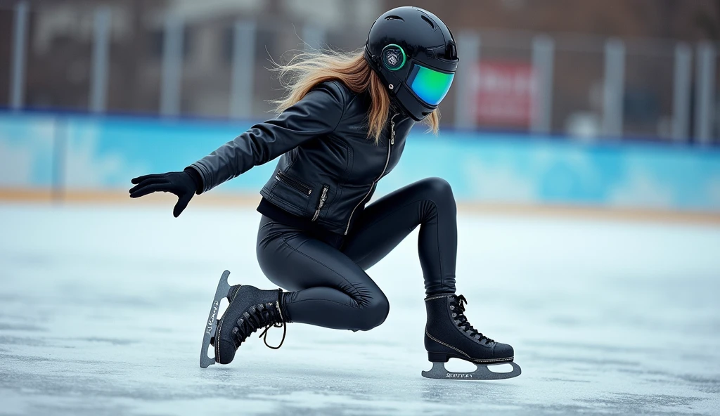 Female ice skater,Wearing a black leather jacket,A futuristic helmet,Slide sideways on one knee,individual,Hyperrealism,Wallpaper quality,Photography style,Shoot the side