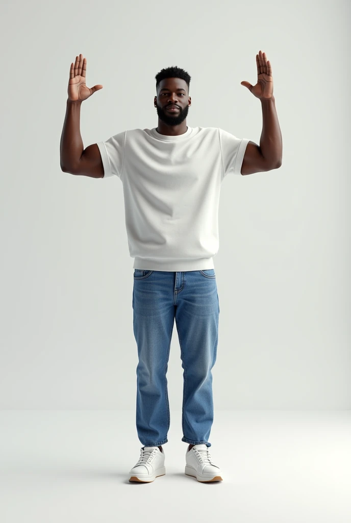 Highly detailed full body Disney 3D image of an African American man model wearing a white jumper, blue jeans and white sneakers. Hands raised. Plain background.