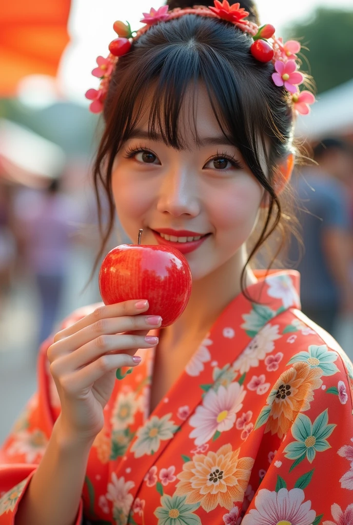 Summer festival　woman　yukata　Apple candy