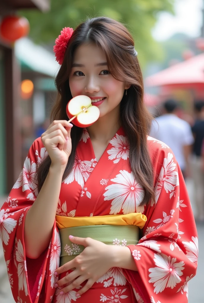 Summer festival　woman　yukata　Apple candy