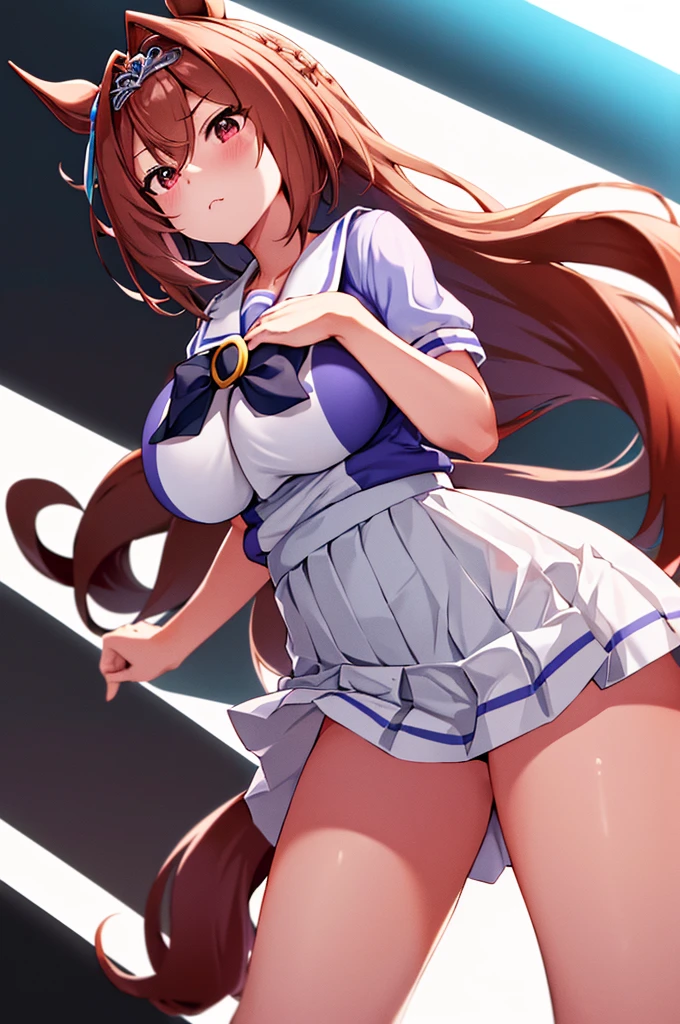 (gigantic huge tits), Hi-Res, 1girl in, Marl, solo, Daiwa Scarlet(umamusume), Trasen School Uniform, white thighhig, White skirt, Twin-tailed, sailor shirt, Puffy Short Sleeves, Very long hair, brown haired, Horseshoe ornament, Sailor collar, Purple shirt, Hair intake, a miniskirt, tierra, tusk, Akame, bangss, Ashamed, short stature