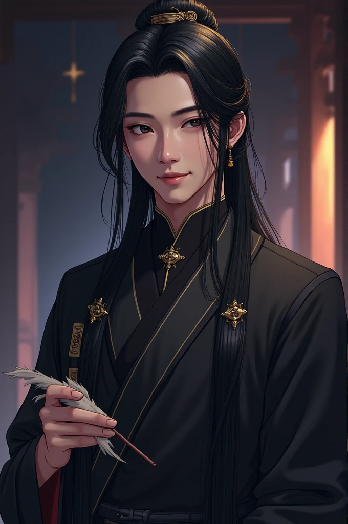 Waist-length black hair、Smooth straight hair、Black eyes、Chinese clothing、military adviser、Feather fan in left hand、Beautiful young man in his 20s、Nihilistic smile、From head to thighs、indoor、night、Digital anime style illustration、high resolution