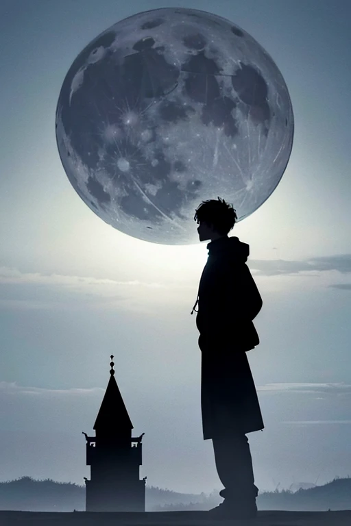 Highest quality,Big moon and shadow,A silhouette of a person can be seen against the backdrop of a large moon.,There is one full moon,There is a mood,Beautiful scenery,Starry Sky